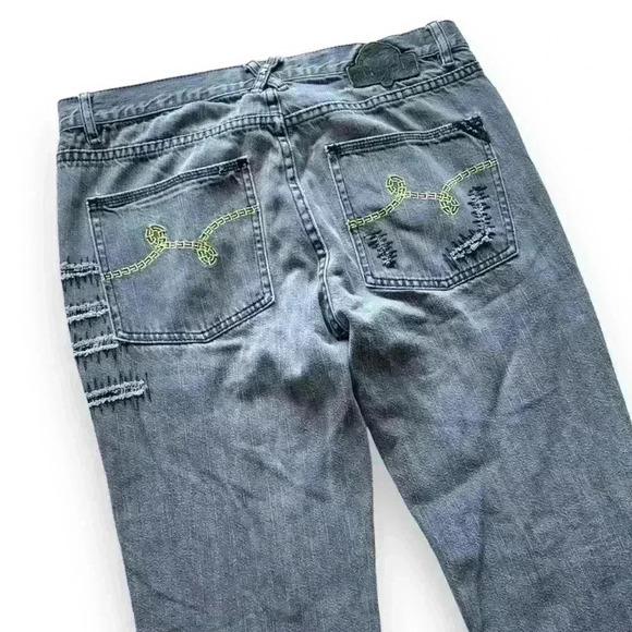 LRG Make Jeans Not War Y2K vintage embroidered jeans wide legs W32 grey - Picture 3 of 11